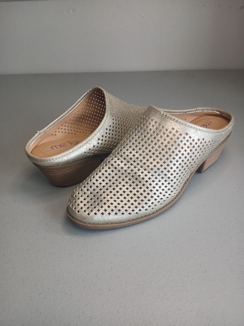 Gold Metallic Faux Leather Perforated Laser Cut Block Heel Mule 10